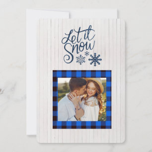 Let it Snow Photo Blue Buffalo Check Plaid Modern Holiday Card