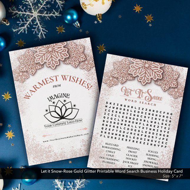 Let it Snow–Pink Printable Word Search Business  Holiday Card (Let it Snow–Rose Gold Glitter & Dusty Pink Printable Holiday Word Search–Business Promotional Piece.)