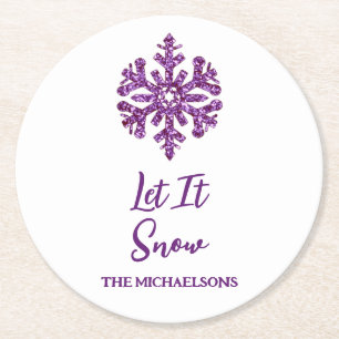 Let It Snow Purple Snowflake Round Paper Coaster