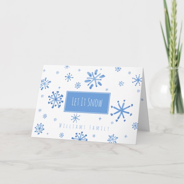 Let it Snow Quote Blue Snowflakes Family Name Holiday Card (Front)