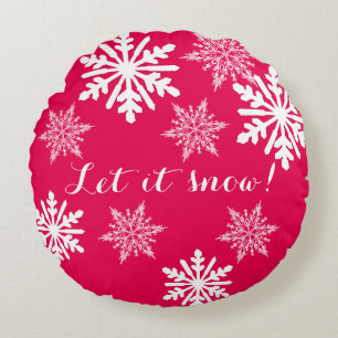 Let it Snow Red Round Snowflakes Throw Pillow