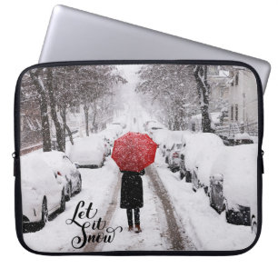 Let It Snow Red Umbrella Winter Scene Laptop Sleeve