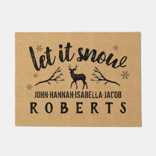 Let It Snow Rustic Winter Deer Burlap Custom Doormat