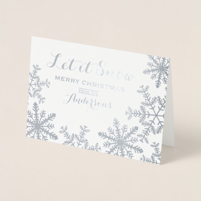 Let It Snow Silver Foil Snowflakes Christmas Card (Front)