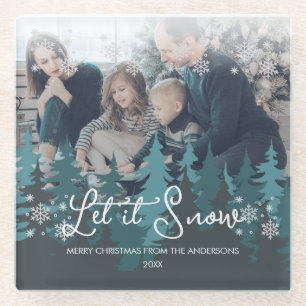 Let It Snow Snowflakes Pine Tree Christmas Photo Glass Coaster