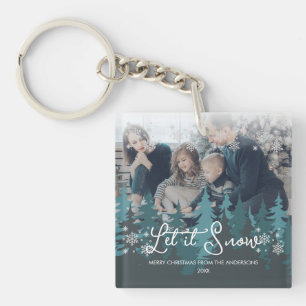 Let It Snow Snowflakes Pine Tree Christmas Photo Key Ring