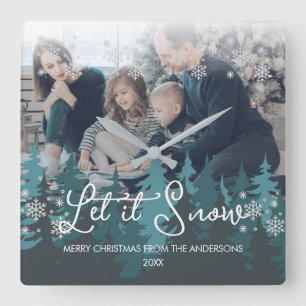 Let It Snow   Snowflakes Pine Tree Christmas Photo Square Wall Clock