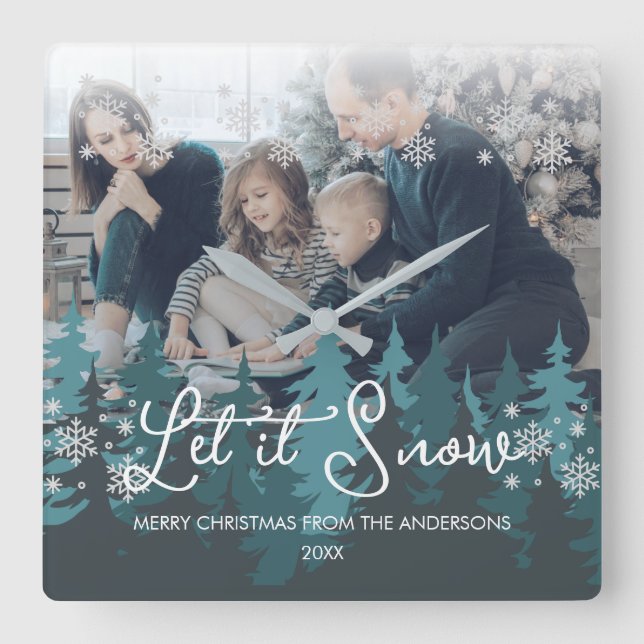 Let It Snow | Snowflakes Pine Tree Christmas Photo Square Wall Clock (Front)