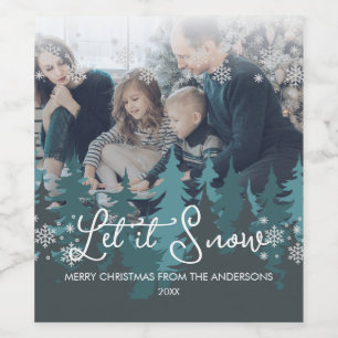 Let It Snow Snowflakes Pine Tree Christmas Photo Wine Label