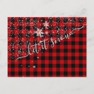 Let It Snow Snowing Script Buffalo Plaid Postcard