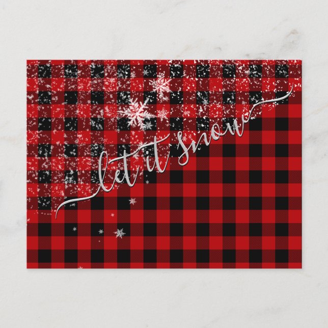 Let It Snow Snowing Script Buffalo Plaid Postcard (Front)
