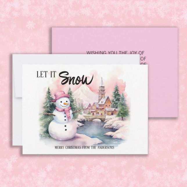 Let it Snow Snowman Christmas Holiday Card ("Let it snow" pink snowman Christmas/holiday greeting card personalized with your own text. )