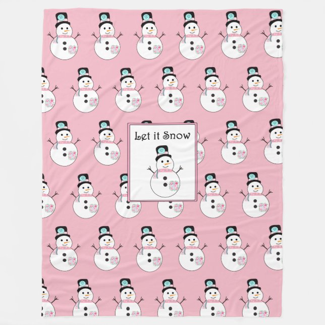 Let it Snow Snowman Pink Christmas Fleece Blanket (Front)