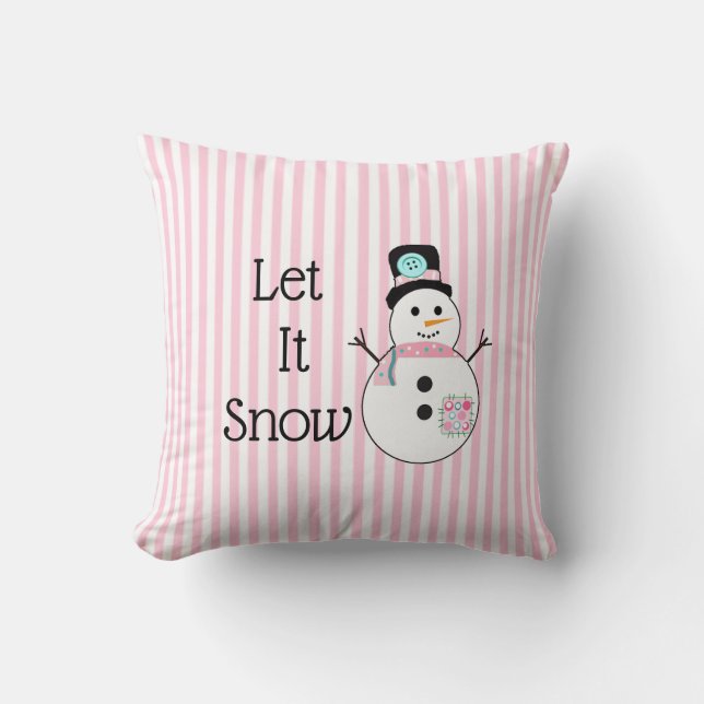 Let It Snow Snowman Pink & White Christmas Pillow (Front)