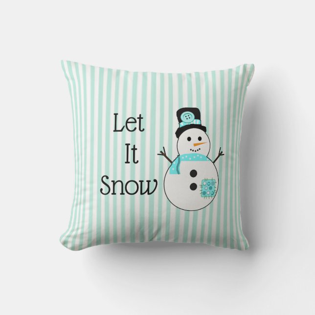 Let It Snow Snowman Teal & White Christmas Pillow (Front)