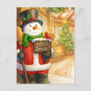 Let It Snow Snowman Watercolor Christmas Postcard