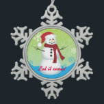 Let It Snow! Snowman Wearing Santa Hat Snowflake Pewter Christmas Ornament<br><div class="desc">This pewter snowflake Christmas ornament features a cute snowman wearing a Santa hat and snowflakes in the background. This ornament is very colourful with blue,  lime green and red,  and the text is customisable.</div>