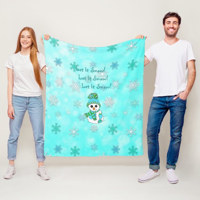 Let It Snow Teal Snowflakes and Snowman Christmas Fleece Blanket (In Situ)