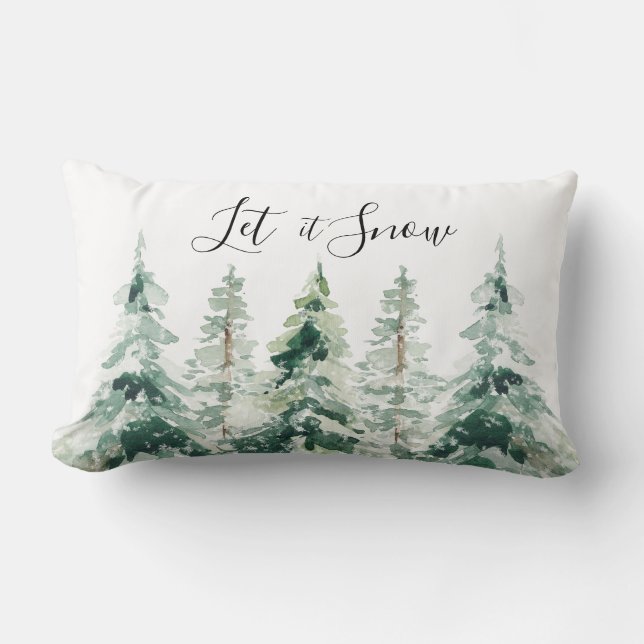 Let it Snow Watercolor Christmas Pine Trees Lumbar Cushion (Front)