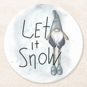Let it Snow Winter Gnome Round Paper Coaster
