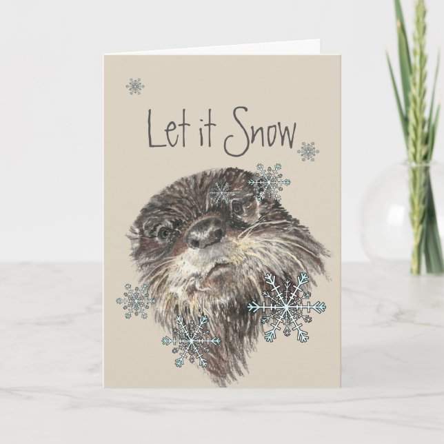 Let it Snow Winter Snowflakes Fun Christmas Otter Holiday Card (Front)