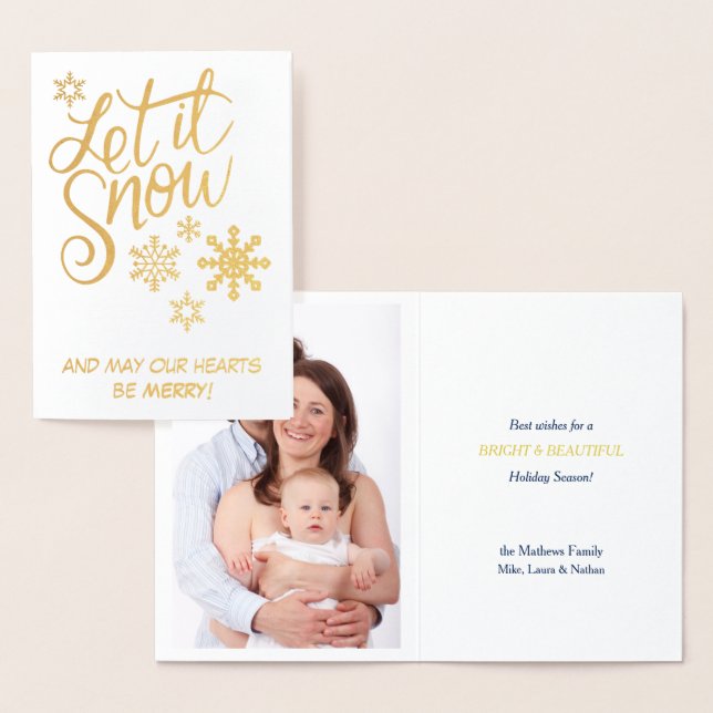 Let It Snowflake Photo Gold Foil Christmas Card (Display)