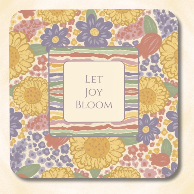 Let Joy Bloom Coaster Set – Editable Text (Let Joy Bloom Coaster Set – Personalized Inspirational Quote – Custom Floral Striped Drink Coasters)