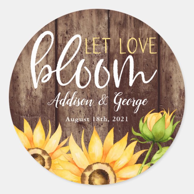 Let Love Bloom Sunflower Wedding Favour Classic Round Sticker (Front)