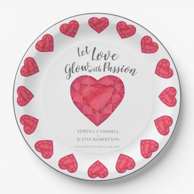 Let love glow passion ruby heart wedding paper plate (Front)