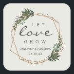 Let Love Grow Boho Geometric Gold Wedding Square Sticker<br><div class="desc">Modern boho wedding favour stickers featuring the message, "Let Love Grow" and your names and date inside of a gold geometric frame surrounded by greenery and white flowers. A botanical design that is perfect for a bohemian wedding in the summer. These stickers are a great way to add a personal...</div>