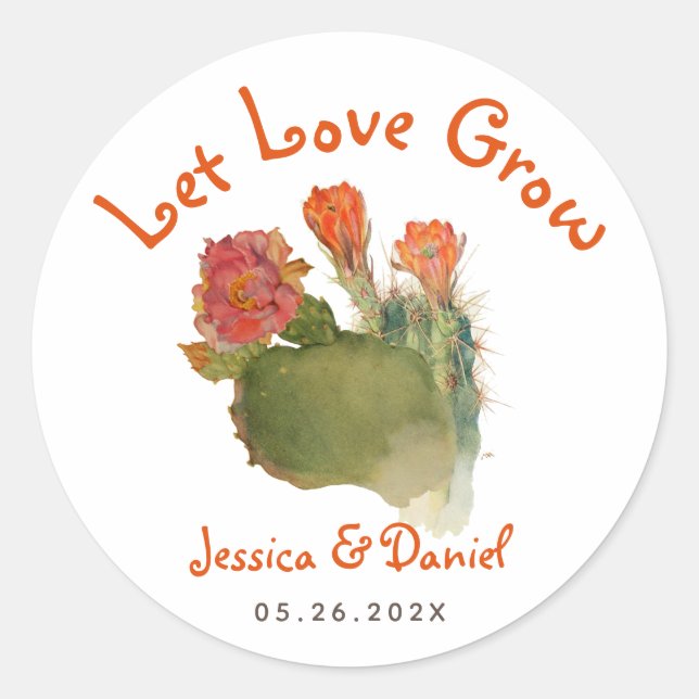 Let Love Grow Cactus Botanical Wedding Red Flowers Classic Round Sticker (Front)