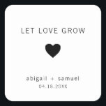 Let Love Grow Modern Black and White Wedding Favou Square Sticker<br><div class="desc">Modern wedding favour stickers with a minimal design featuring the message, "Let Love Grow" with a heart and your names and date in black, over a white background. The fonts and background colours may be changed to any colours you wish. These simple, contemporary stickers are perfect for the minimalist couple...</div>
