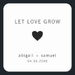 Let Love Grow Modern Black and White Wedding Favou Square Sticker<br><div class="desc">Modern wedding favour stickers with a minimal design featuring the message, "Let Love Grow" with a heart and your names and date in black, over a white background. The fonts and background colours may be changed to any colours you wish. These simple, contemporary stickers are perfect for the minimalist couple...</div>