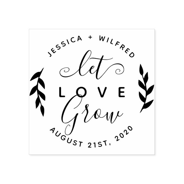 Let Love Grow Modern Round Wreath & Rustic Script Rubber Stamp (Imprint)