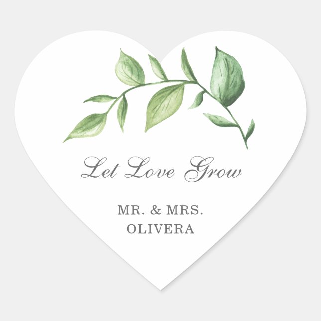 Let Love Grow Rustic Greenery Wedding Favour Heart Sticker (Front)