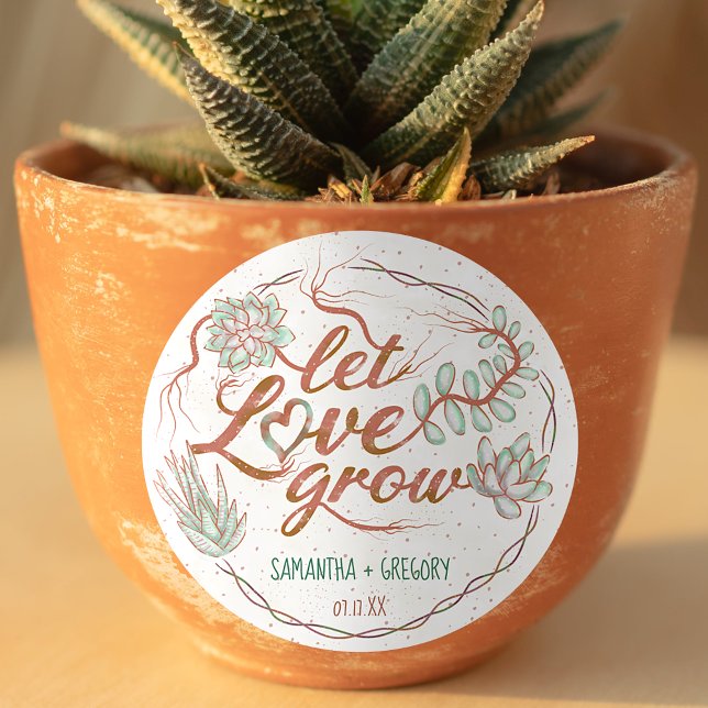 Let Love Grow Wedding Shower Succulent Plant Pot Classic Round Sticker (Creator Uploaded)