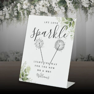 Let Love Sparkle Floral Greenery Wedding Pedestal Sign