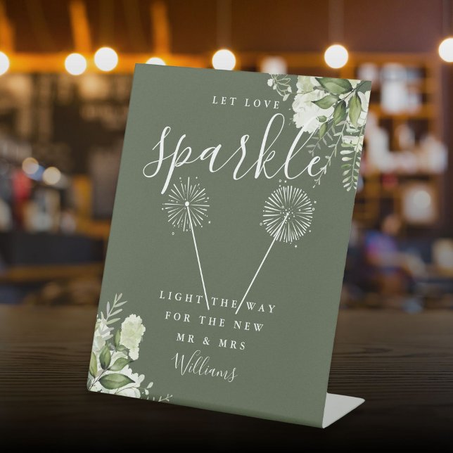 Let Love Sparkle Floral Olive Green Wedding Pedestal Sign (Let Love Sparkle Floral Olive Green Wedding Pedestal Sign)
