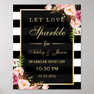 Let Love Sparkle Gold Floral Stripes Wedding Sign
