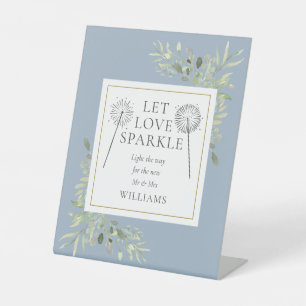 Let Love Sparkle Greenery Dusty Blue Wedding Pedestal Sign
