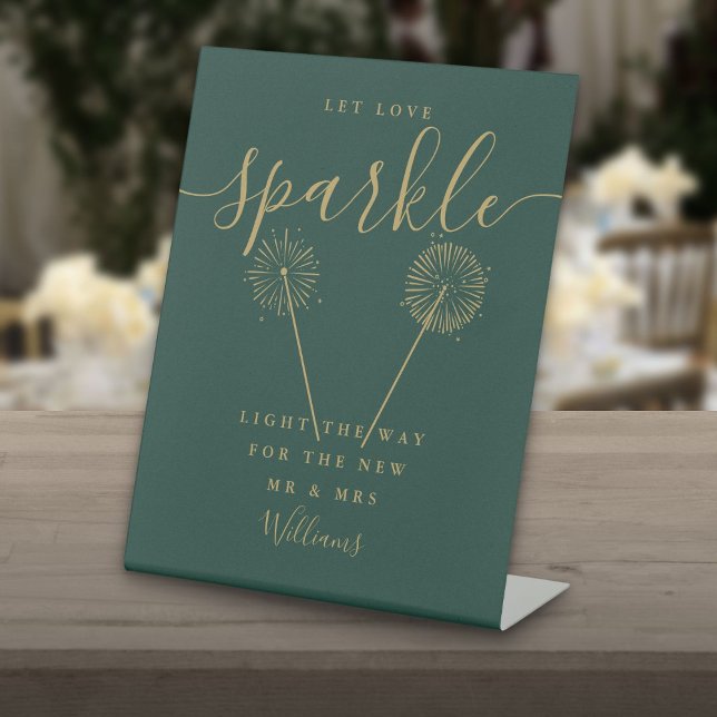 Let Love Sparkle Wedding Emerald And Gold Script Pedestal Sign (Let Love Sparkle Wedding Emerald And Gold Script Pedestal Sign)