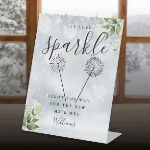 Let Love Sparkle Winter Greenery Wedding Pedestal Sign