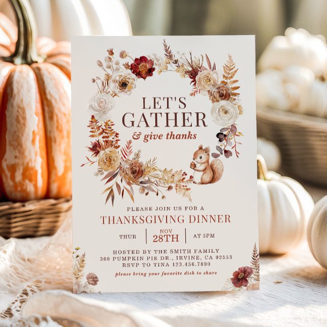 Let’s Gather Floral Wreath Thanksgiving Dinner Invitation (Creator Uploaded)