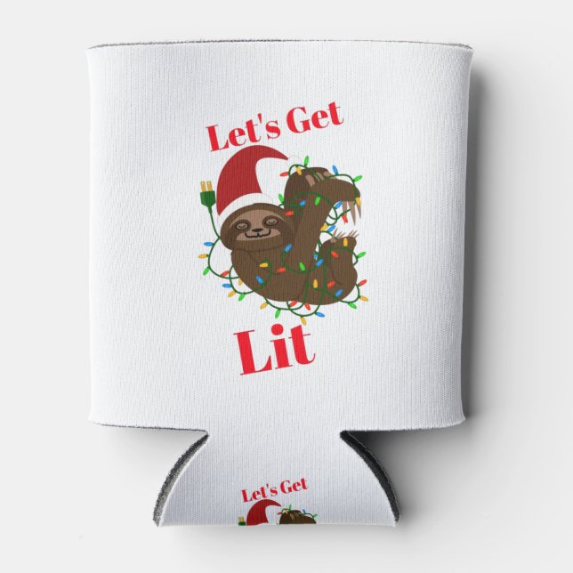 Let’s Get Lit Christmas Sloth Can Cooler (Front)