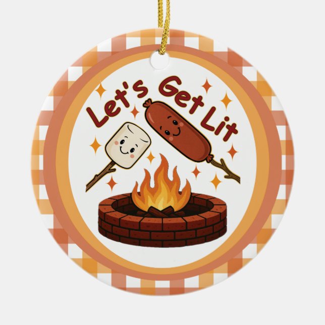 Let’s Get Lit Firepit – Cute Marshmallow & Hot Dog Ceramic Ornament (Front)