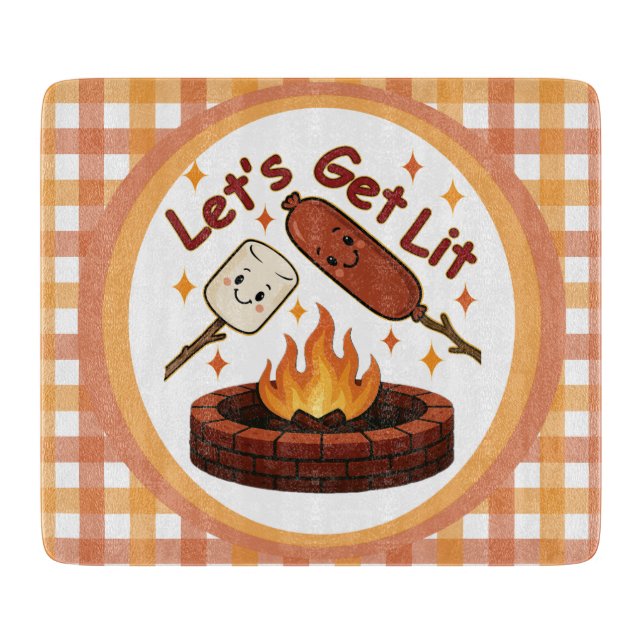 Let’s Get Lit Firepit – Cute Marshmallow & Hot Dog Cutting Board (Front)