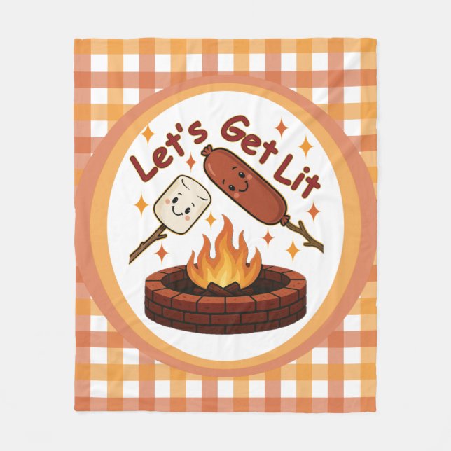 Let’s Get Lit Firepit – Cute Marshmallow & Hot Dog Fleece Blanket (Front)