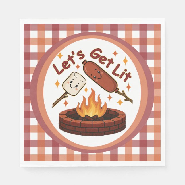 Let’s Get Lit Firepit – Cute Marshmallow & Hot Dog Napkin (Front)