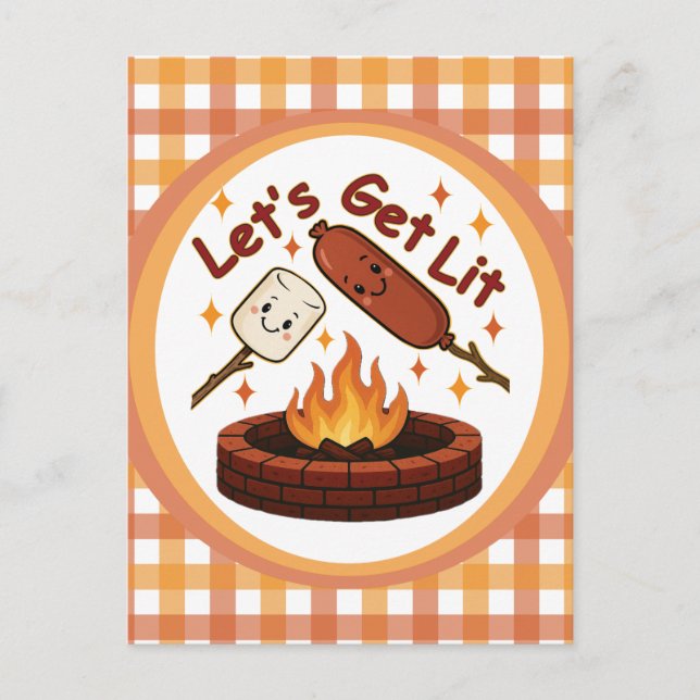 Let’s Get Lit Firepit – Cute Marshmallow & Hot Dog Postcard (Front)