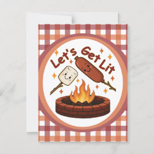 Let’s Get Lit Firepit – Cute Marshmallow & Hot Dog Postcard